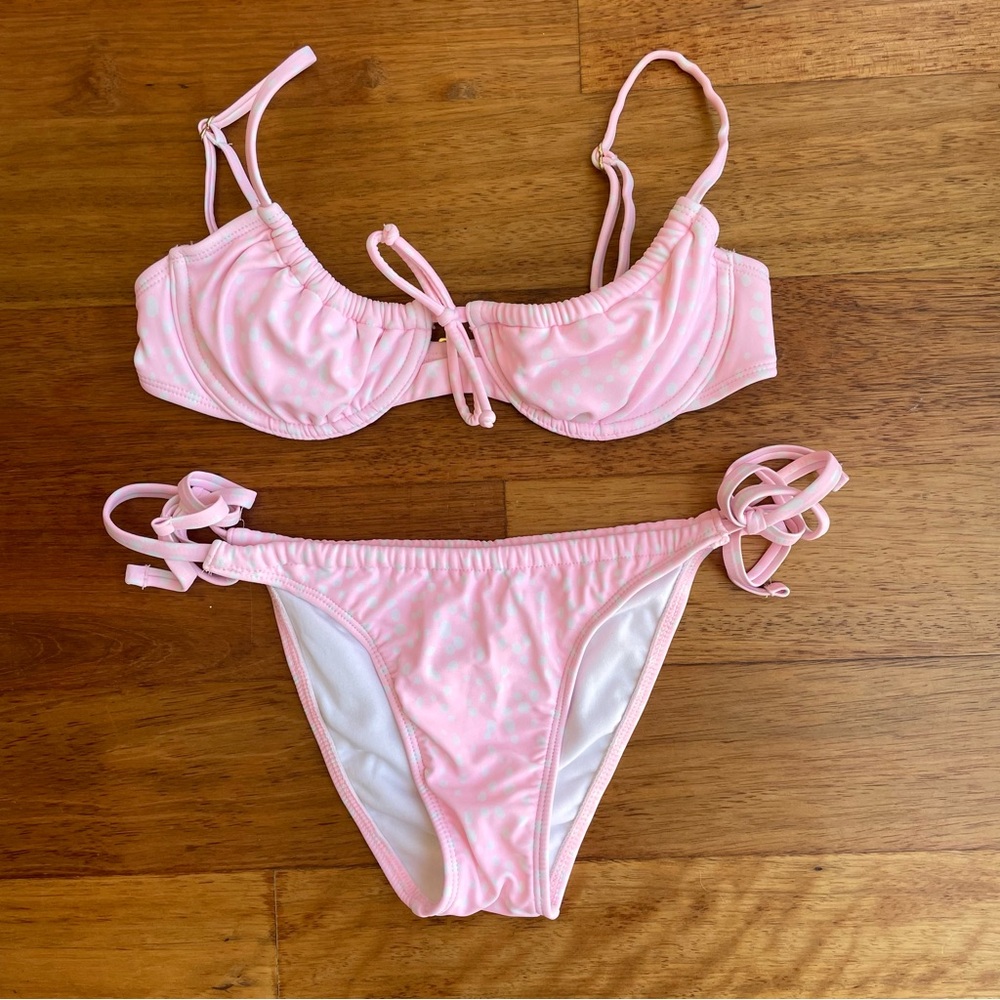 Pink & White Polka Dots Underwire Bikini with Bows, Adjustable Straps & Ties